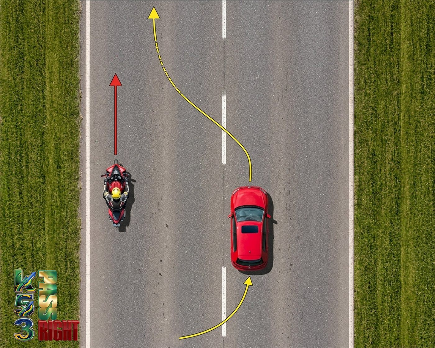 Motorcyclist moving left to buffer a passing vehicle